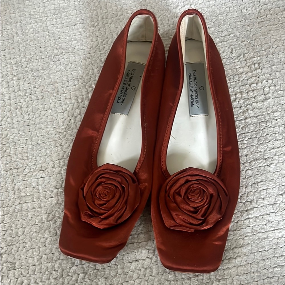 Red Velvet Flats with Rose Embellishment